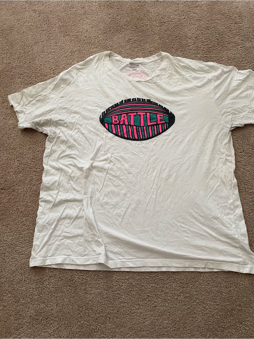 White 'Battle' Graphic Short Sleeve Tee - Pink & Teal Football Design